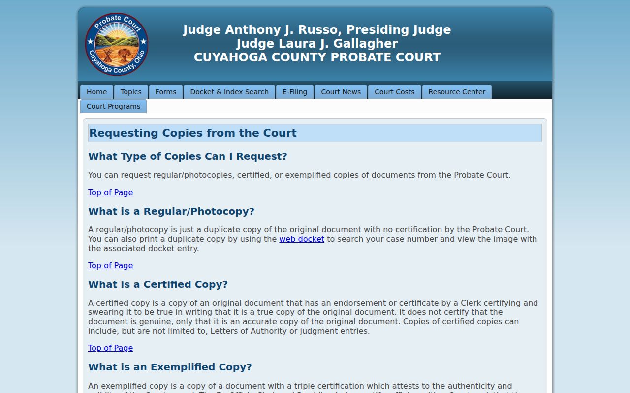 Euclid residents directory Cuyahoga Probate copy request instructions